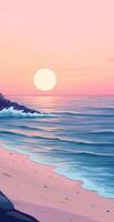 Serene Beach Sunset with Gentle Ocean Waves and Soft Pink Sky at Tranquil Seashore photo