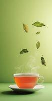 Steaming Cup of Herbal Tea with Floating Green Leaves on Light Green Background for Relaxation photo