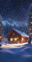 Cozy Wooden Cabin With Snowfall Surrounded By Pine Trees And Mountains Under A Starry Winter Sky photo
