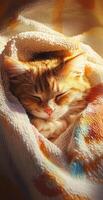 Adorable Orange Tabby Cat Sleeping Comfortably Wrapped in Soft Colorful Blanket in Warm Sunlight photo