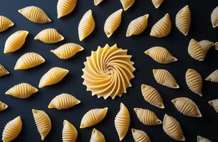 Closeup of Spiral and Shell Shaped Uncooked Pasta on Dark Background Ideal for Italian Cuisine Use photo