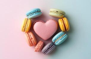 Pink Heart Macaron Surrounded by Colorful Pastel Macarons on Soft Gradient Background for Dessert Themes photo