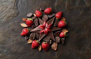 Top View of Fresh Strawberries Dark Chocolate Pieces Star Pattern on Rustic Stone Background photo