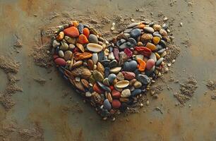 Heart Shape Made of Colorful Pebbles and Stones on Sandy Textured Background for Nature and Love Concepts photo