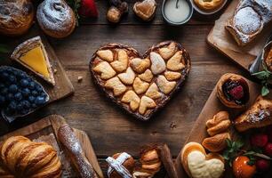 Heart Shaped Pastry with Golden Biscuits Surrounded by Assorted Desserts on Rustic Wooden Table photo