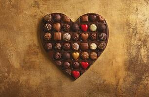 Heart Shaped Chocolate Assortment with Gourmet Truffles on Gold Textured Background for Gifting photo