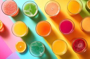 Assorted Fresh Fruit Juices in Glasses on Vibrant Multicolored Background Top View photo