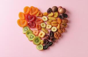 Heart Shaped Arrangement of Dried Fruits and Fresh Kiwi on Soft Pink Background for Healthy Snacks photo