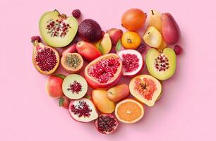 Heart Shaped Arrangement of Fresh Vibrant Fruits on Pink Background with Colorful Cut Cross Sections photo