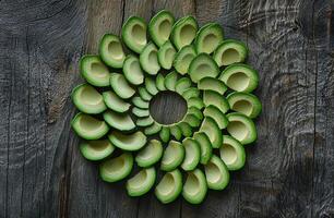 Freshly Sliced Avocado Pieces Arranged in Circular Pattern on Rustic Wooden Background for Food Concepts photo