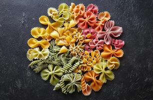 Assorted Colorful Bow Tie and Spiral Pasta Shapes on Black Textured Background for Cooking Concepts photo