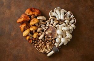Assorted Wild and Cultivated Mushrooms Arranged in Heart Shape on Brown Textured Background for Culinary Themes photo