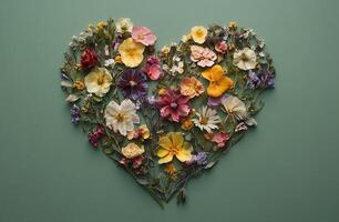 Heart Shaped Arrangement of Dried Flowers on Green Background for Nature Art and Decoration Ideas photo