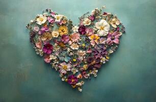 Heart Shaped Floral Arrangement of Dried Flowers on Teal Background for Romantic Decoration photo