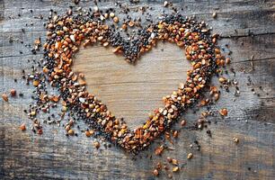 Heart Shaped Bird Seeds On Rustic Wooden Background Representing Nature And Love For Wildlife photo