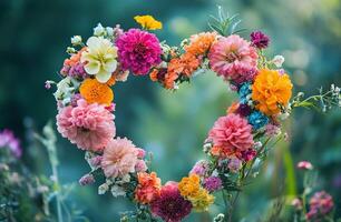 Heart Shaped Floral Wreath With Vibrant Blossoms In Garden Setting With Soft Green Background photo