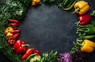 Fresh Vegetables Border with Bell Peppers Leafy Greens and Herbs on Dark Stone Background photo