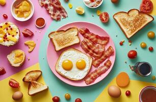 Delicious Breakfast Spread with Fried Eggs Bacon Toast and Assorted Toppings on Pastel Background photo