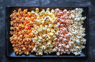 Variety of Sweet Caramel Cheddar Butter and Strawberry Popcorn on Black Plate with Dark Background photo