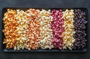 Assorted Gourmet Flavored Popcorn Display with Vibrant Colors on Black Tray Against Dark Background photo