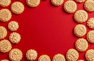 Round Cream Iced Cookies Arranged in Circle on Bright Red Background for Festive Dessert Design photo