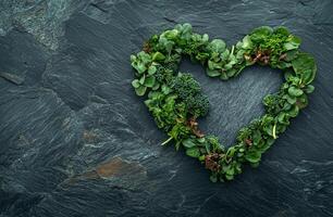 Heart Shaped Green Leaves and Vegetables on Slate Background for Healthy Eating Concept photo