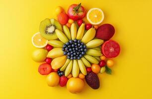 Vibrant Fruit Arrangement with Yellow Background Featuring Bananas Berries and Citrus Slices photo