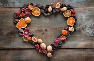 Heart Shaped Arrangement of Dried Fruits and Nuts on Rustic Wooden Background photo