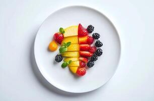 Fresh Tropical Fruits and Berries Arrangement on White Plate with Minimalist Background photo