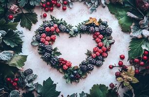 Heart Shaped Berry Wreath of Raspberries Blackberries and Greenery on Rustic White Background photo