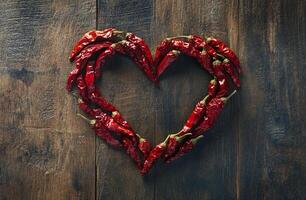 Heart Shaped Arrangement of Red Dried Chili Peppers on Rustic Wooden Background for Food and Spices Concept photo