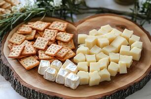 Heart Shaped Wooden Platter with Crackers and Assorted Cheese Cubes on Rustic Table Setting photo