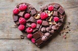 Heart Shaped Dark Chocolate with Fresh Raspberries and Walnuts on Rustic Wooden Background photo