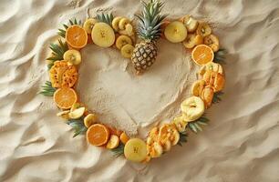 Heart Shape with Fresh Pineapple Dried Fruits and Orange Slices on Sandy Beach Background photo