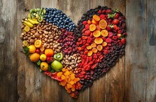 Heart Shaped Arrangement of Fresh and Dried Fruits with Nuts on Rustic Wooden Background photo