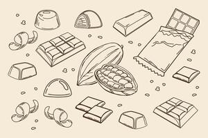 Chocolate set outline icons. Drawn candies, cocoa beans, chips and chocolate bar for confectionery shop.Illustration in sketch retro style vector