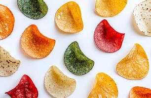 Top View of Assorted Multicolored Vegetable Chips on White Background for Healthy Snacking photo