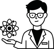 A black and white illustration of a man holding an atom vector