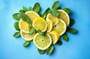 Fresh Lemon Slices with Green Mint Leaves Arranged on Bright Blue Background for Refreshing Concepts photo
