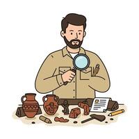 An illustration of a man looking at artifacts vector