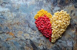 Heart Shaped Red Yellow Pasta Arrangement on Stone Granite Background for Food Art and Cooking Ideas photo