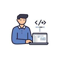 A man is working on a laptop with code on it vector