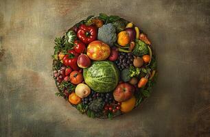 Fresh Organic Fruits and Vegetables in Circular Arrangement on Rustic Textured Background photo