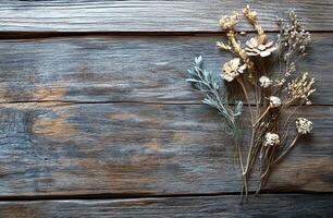 Rustic Dried Flowers Arrangement on Weathered Wooden Plank Background for Natural Rustic Decor photo