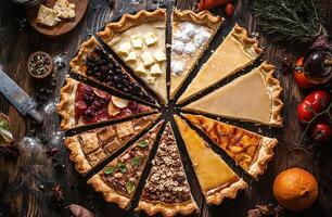 Assorted Sweet Pie Slices Displayed on Rustic Wooden Table with Ingredients and Fresh Produce photo