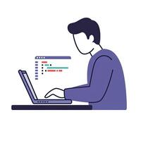A man is working on a laptop with a program on it vector