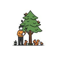 A man is standing next to a tree with squirrels and birds vector