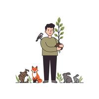 A man holding a plant with a rabbit and a fox vector