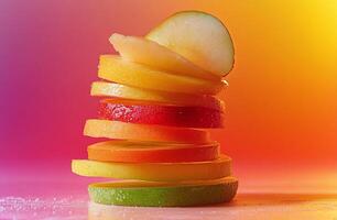 Stack of Freshly Sliced Multicolored Fruits with Water Droplets on Gradient Background photo