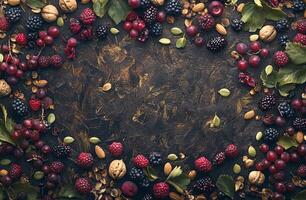 Assorted Fresh Berries Nuts and Green Leaves on Dark Rustic Background for Food and Kitchen Themes photo